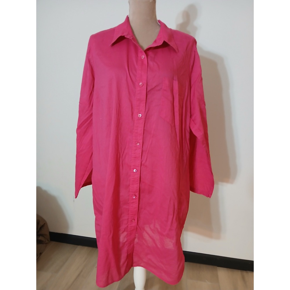 Lands End 2x Pink Cotton Button Up Shirt Dress Long Sleeve Roll Tab Plus Pockets